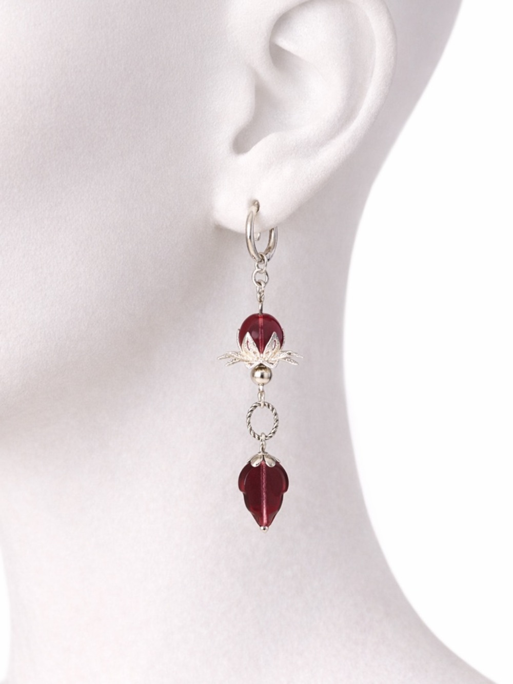 Aubergine Glass Dangle Earrings • Translucent Plum • Silver Floral Boho - Picture 4 of 6